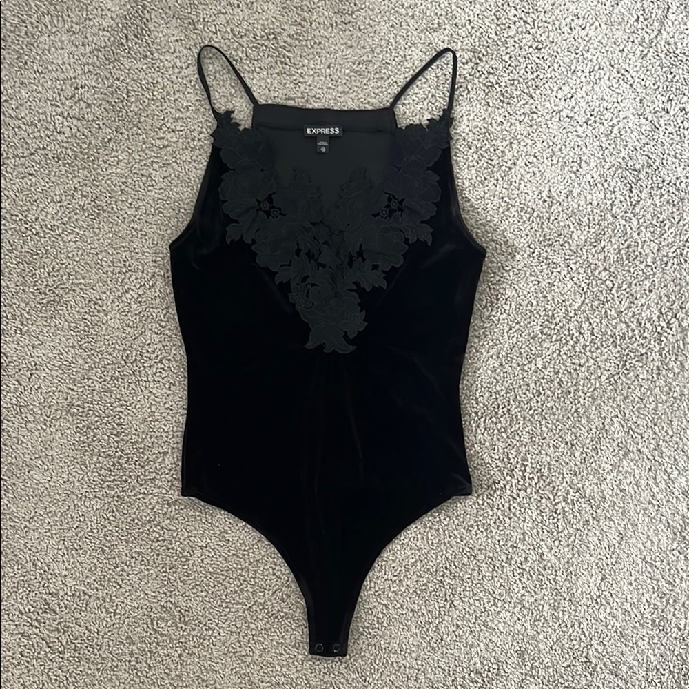 Express Black Lace Detail Velvet Bodysuit